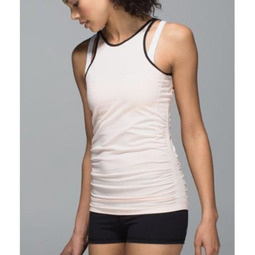 Lululemon In The Flow Tank Top Peach Black Ruched Seamless Yoga Size 6